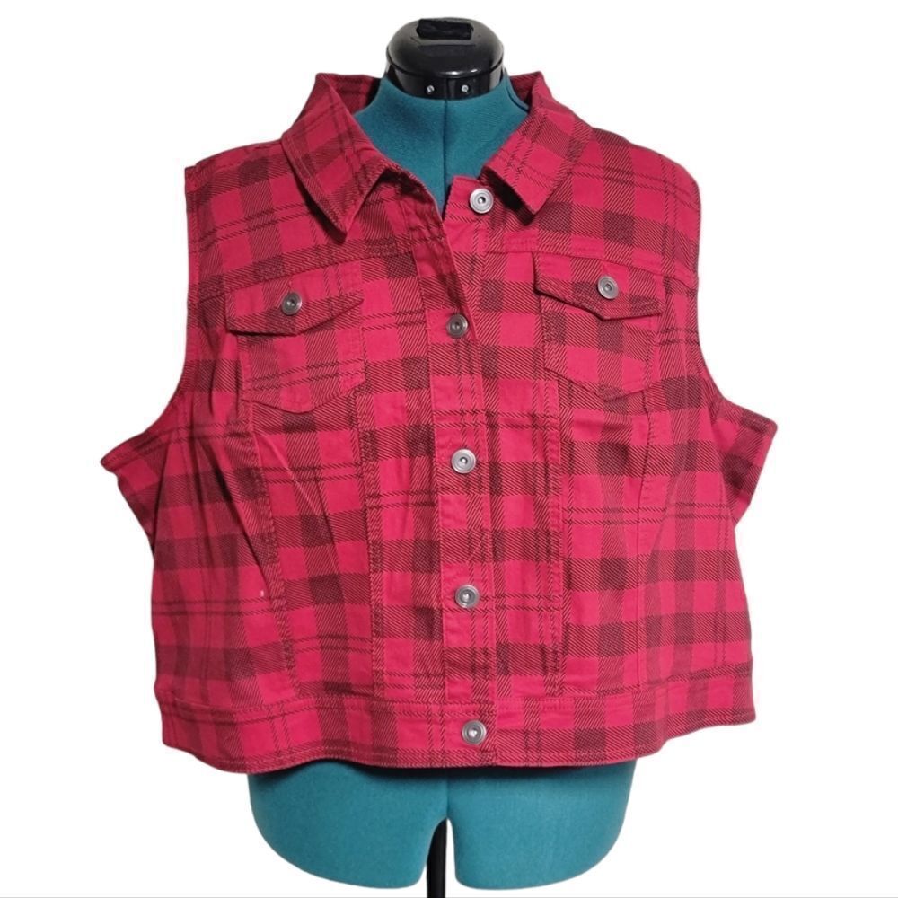 CATO Woman Lumberjack Buttoned Vest Plaid Red & Black Motorcycle Size 26/28W